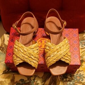 Tory Burch Braided Yellow Slingback Sandals with Tan Ankle Strap